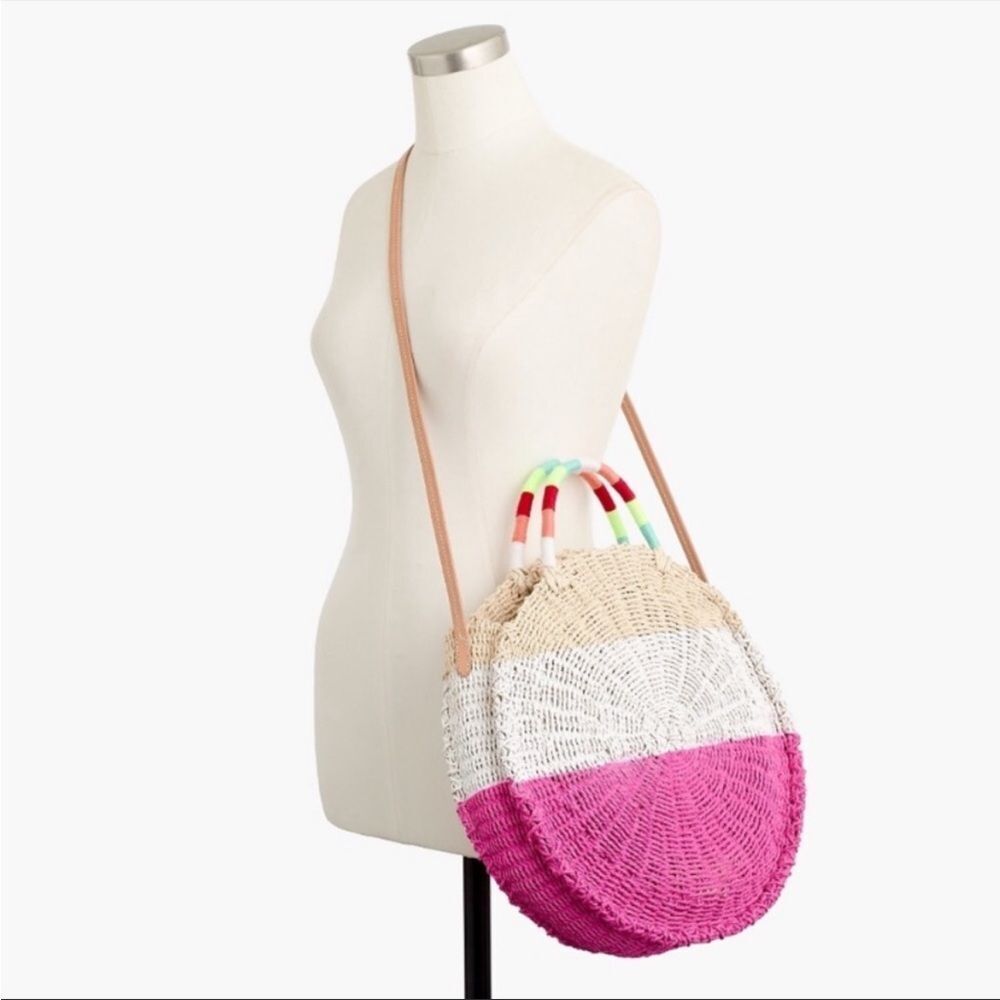 J. Crew Pink Circle Straw Color Block Crossbody Bag NWT